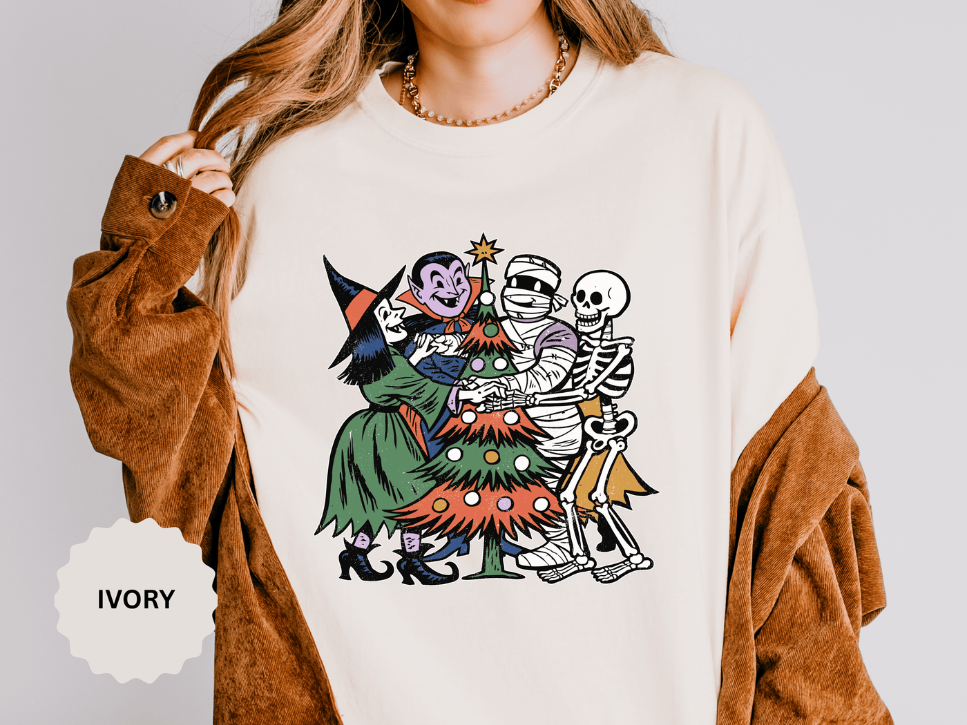 Spooky Christmas Shirt, Halloween Holiday Mashup T-Shirt, Witch Vampire Mummy and Skeleton Tree Tee, Gothic Christmas Gift for Horror Fan