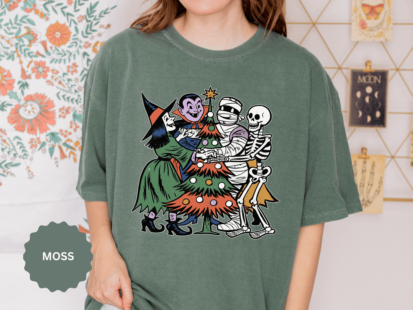 Spooky Christmas Shirt, Halloween Holiday Mashup T-Shirt, Witch Vampire Mummy and Skeleton Tree Tee, Gothic Christmas Gift for Horror Fan