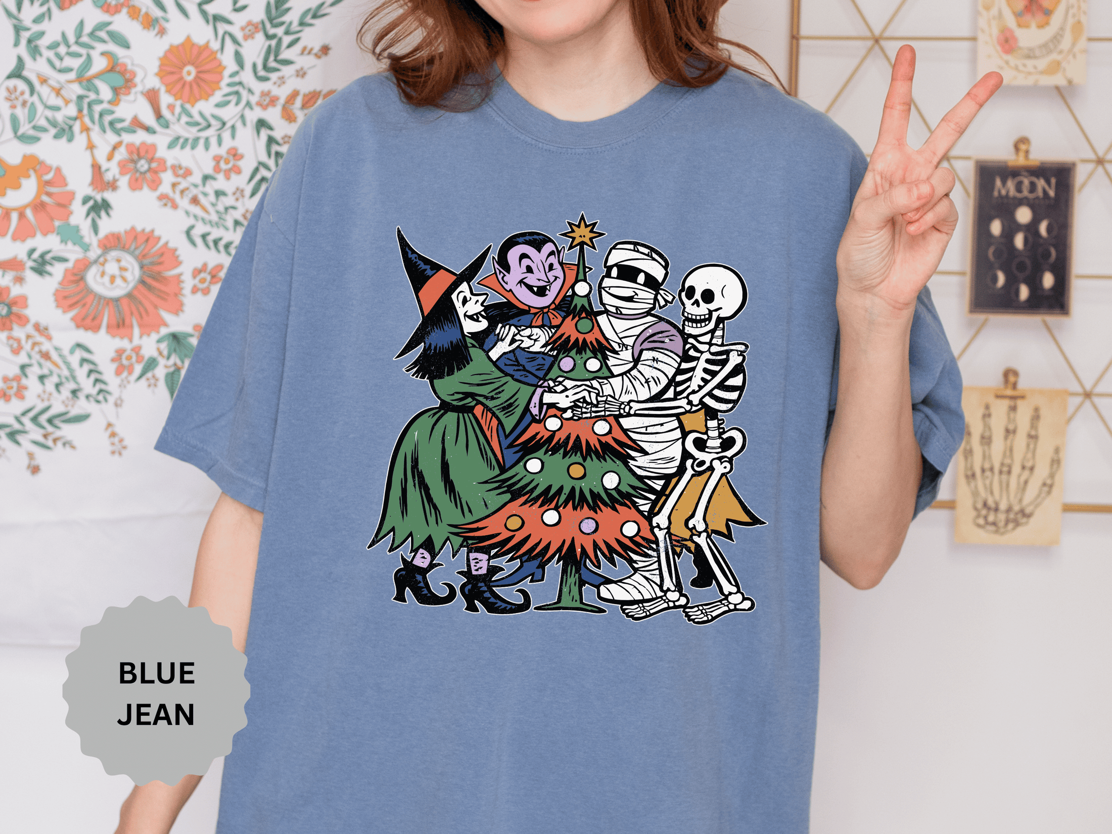 Spooky Christmas Shirt, Halloween Holiday Mashup T-Shirt, Witch Vampire Mummy and Skeleton Tree Tee, Gothic Christmas Gift for Horror Fan