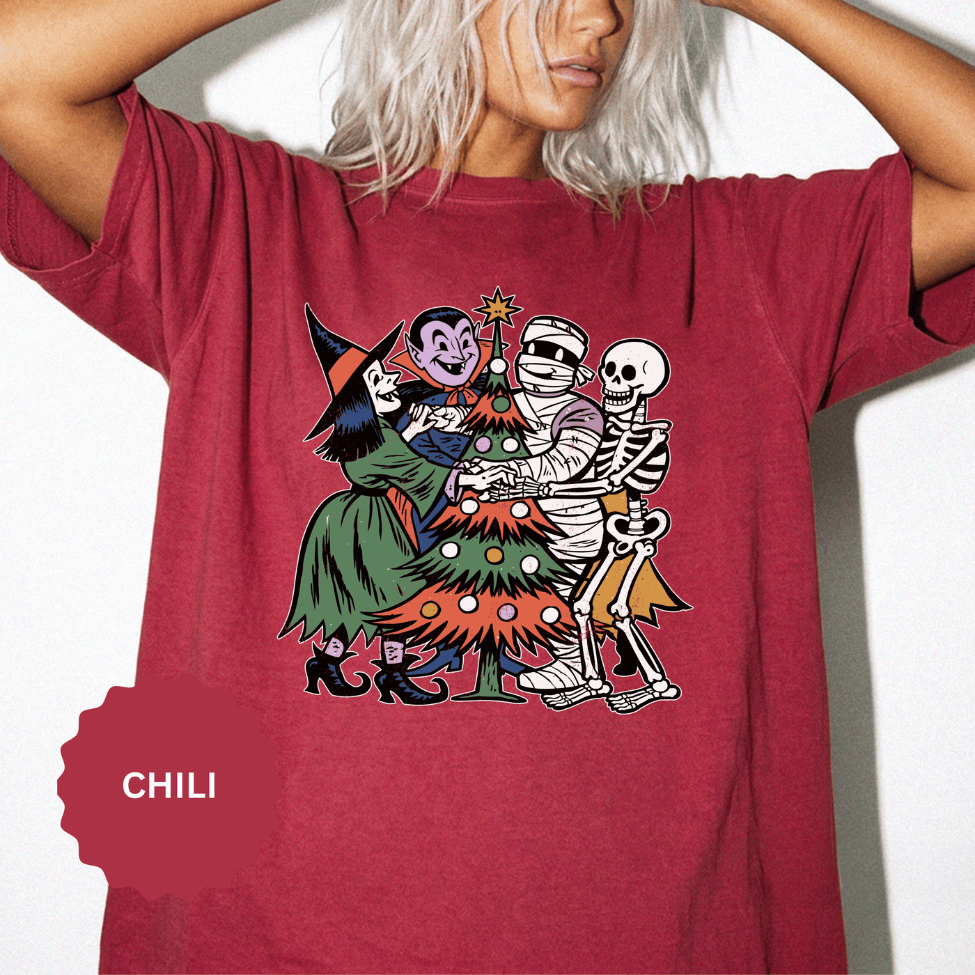 Spooky Christmas Shirt, Halloween Holiday Mashup T-Shirt, Witch Vampire Mummy and Skeleton Tree Tee, Gothic Christmas Gift for Horror Fan