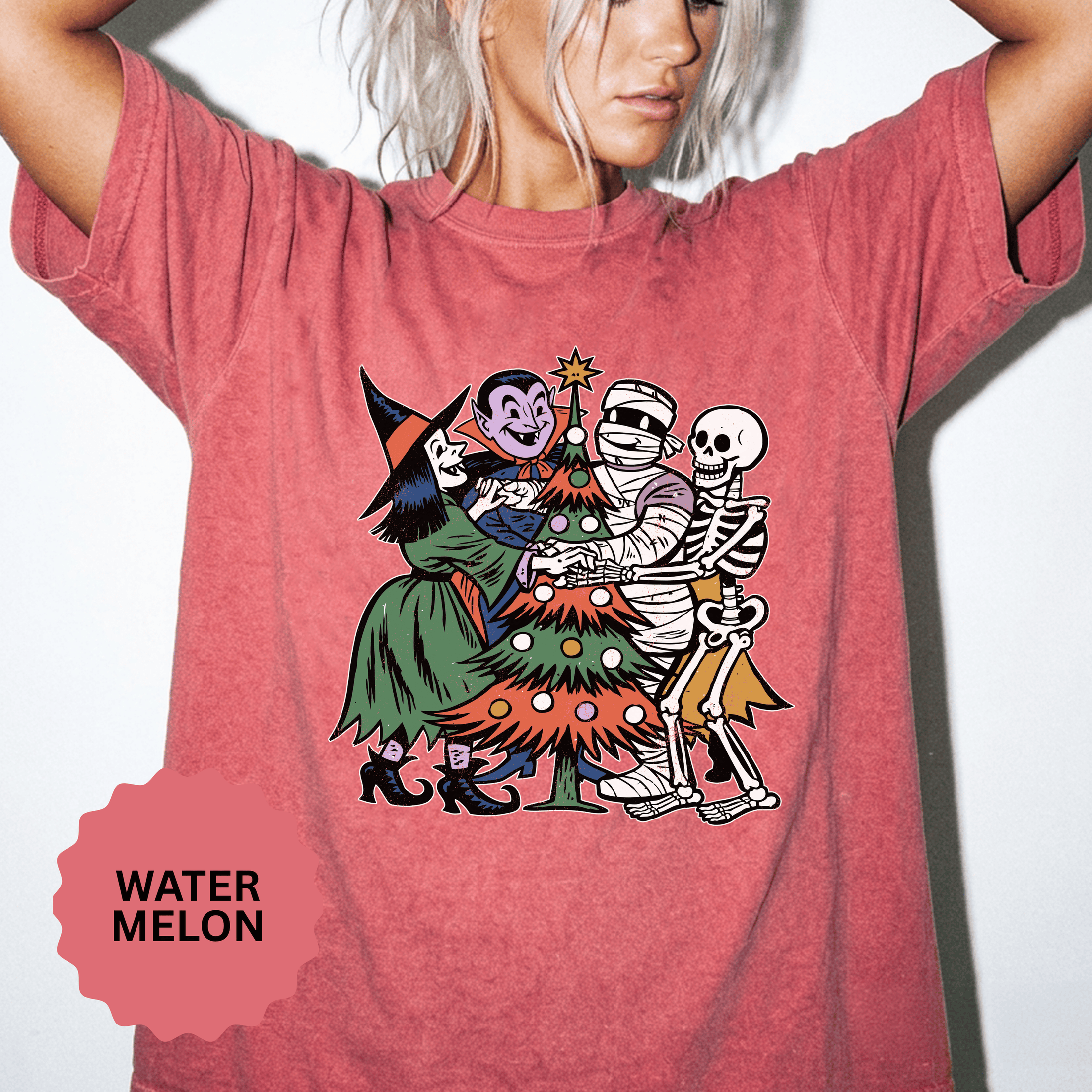 Spooky Christmas Shirt, Halloween Holiday Mashup T-Shirt, Witch Vampire Mummy and Skeleton Tree Tee, Gothic Christmas Gift for Horror Fan