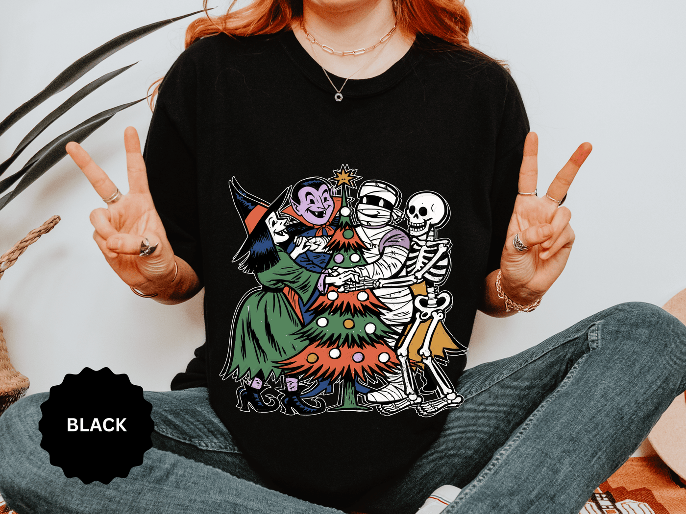 Spooky Christmas Shirt, Halloween Holiday Mashup T-Shirt, Witch Vampire Mummy and Skeleton Tree Tee, Gothic Christmas Gift for Horror Fan