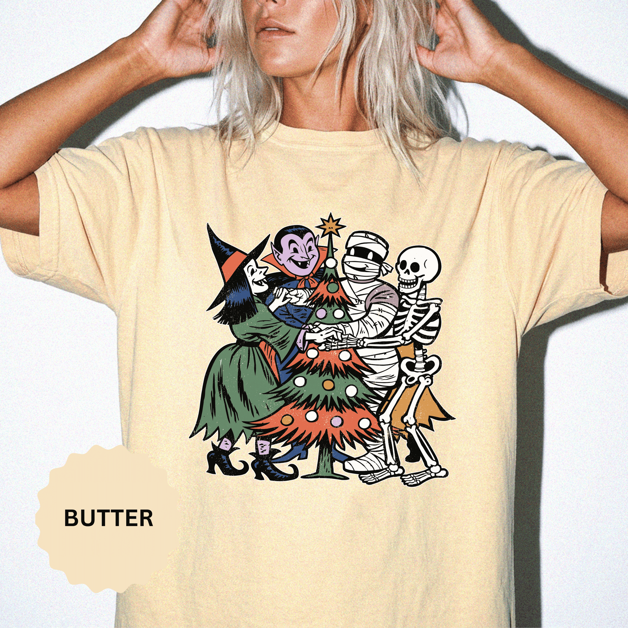 Spooky Christmas Shirt, Halloween Holiday Mashup T-Shirt, Witch Vampire Mummy and Skeleton Tree Tee, Gothic Christmas Gift for Horror Fan