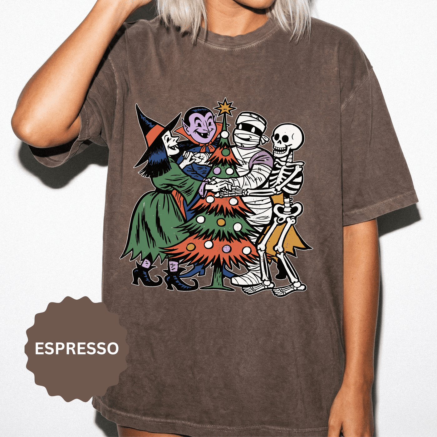 Spooky Christmas Shirt, Halloween Holiday Mashup T-Shirt, Witch Vampire Mummy and Skeleton Tree Tee, Gothic Christmas Gift for Horror Fan