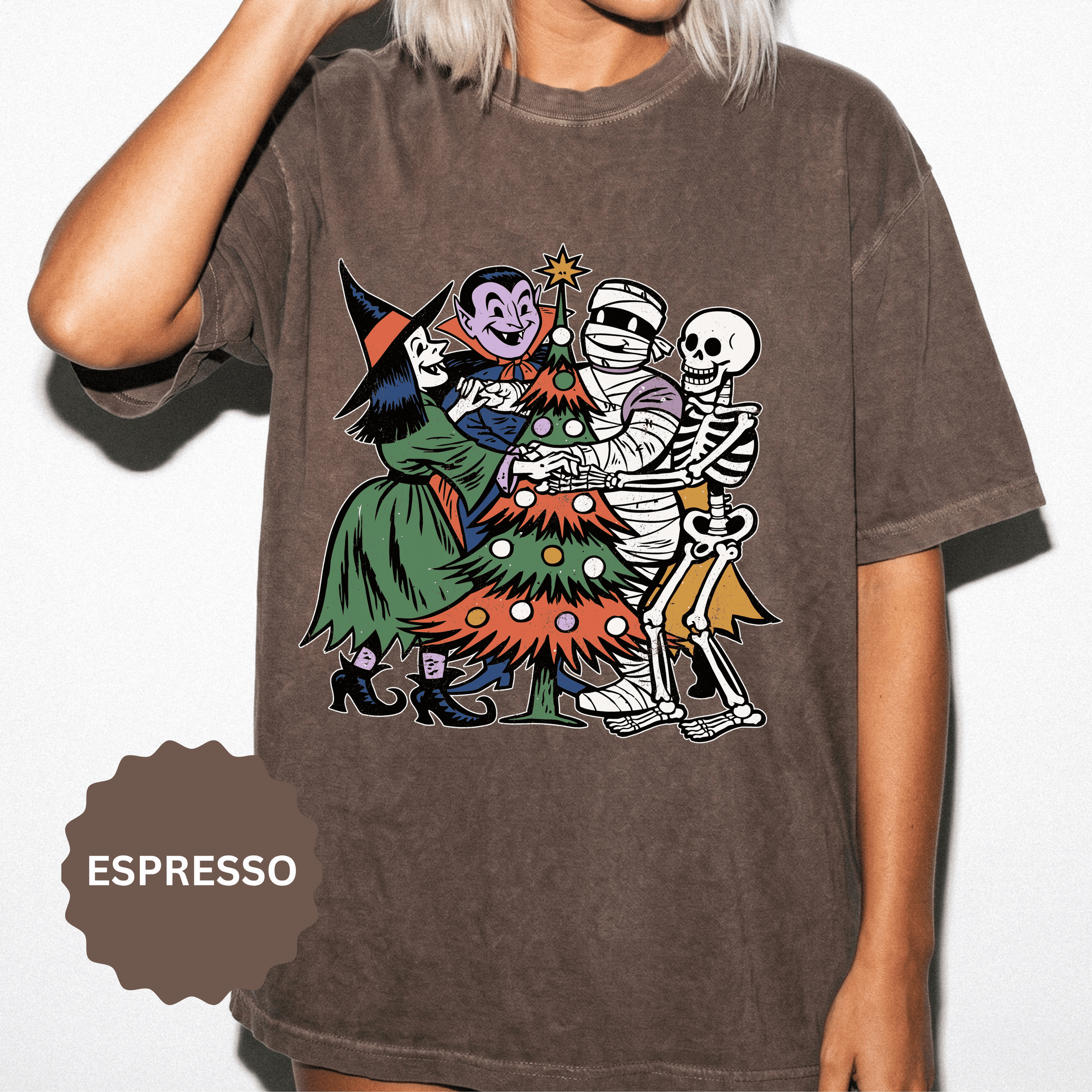 Spooky Christmas Shirt, Halloween Holiday Mashup T-Shirt, Witch Vampire Mummy and Skeleton Tree Tee, Gothic Christmas Gift for Horror Fan