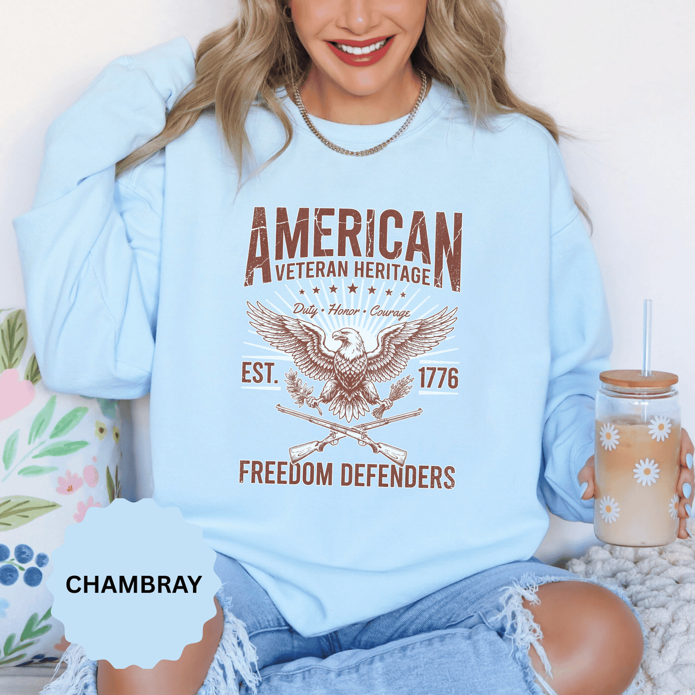 American Veteran Heritage Sweatshirt, Freedom Defenders Crewneck, Patriotic Eagle Gift, Veterans Day or Military Retirement Pullover
