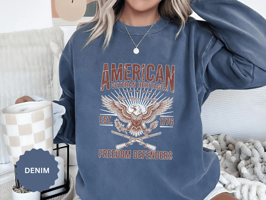 American Veteran Heritage Sweatshirt, Freedom Defenders Crewneck, Patriotic Eagle Gift, Veterans Day or Military Retirement Pullover