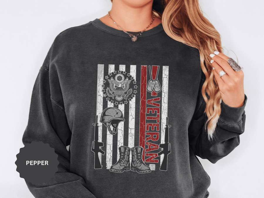 US Veteran Sweatshirt, Patriotic Military Crewneck with Helmet Boots and Dog Tags, Army Retirement Gift, Veterans Day Pullover for Soldier