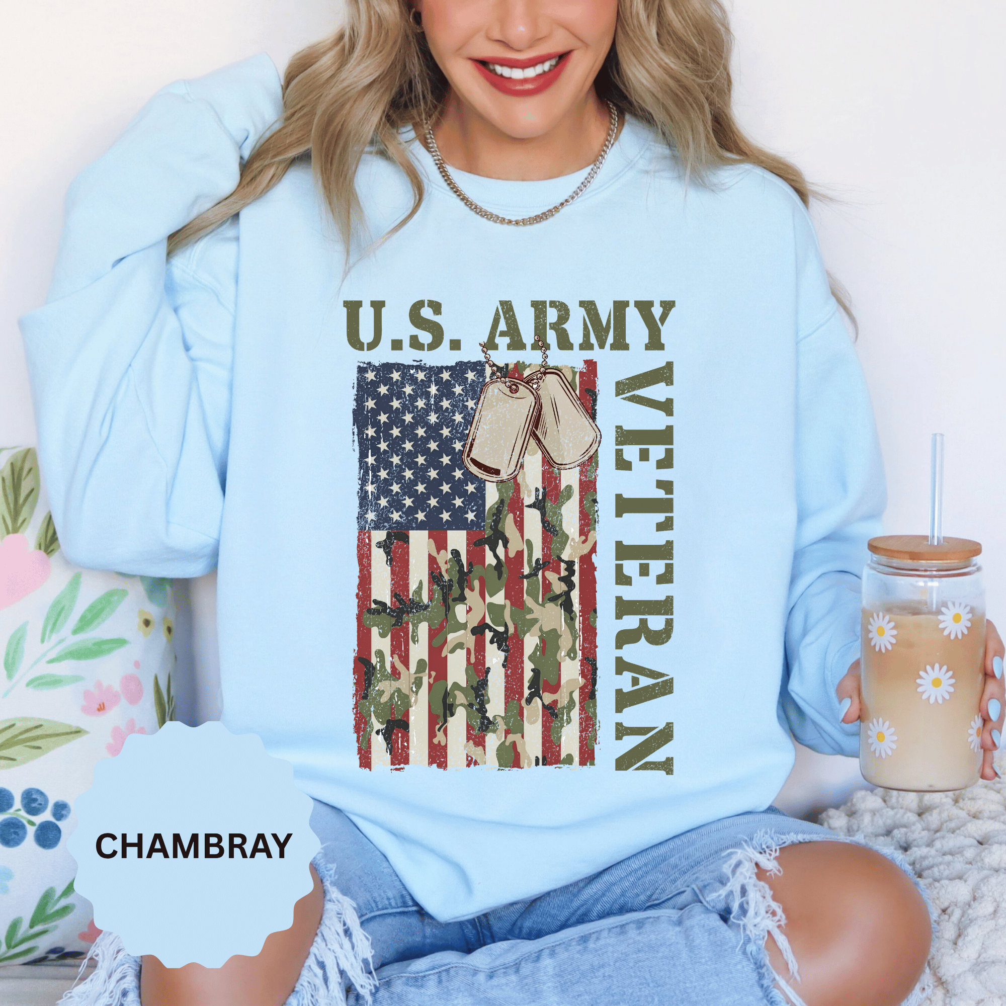 US Army Veteran Sweatshirt, American Flag Camo Crewneck, Military Dog Tag Pullover, Patriotic Soldier Gift, Retirement or Veterans Day Top