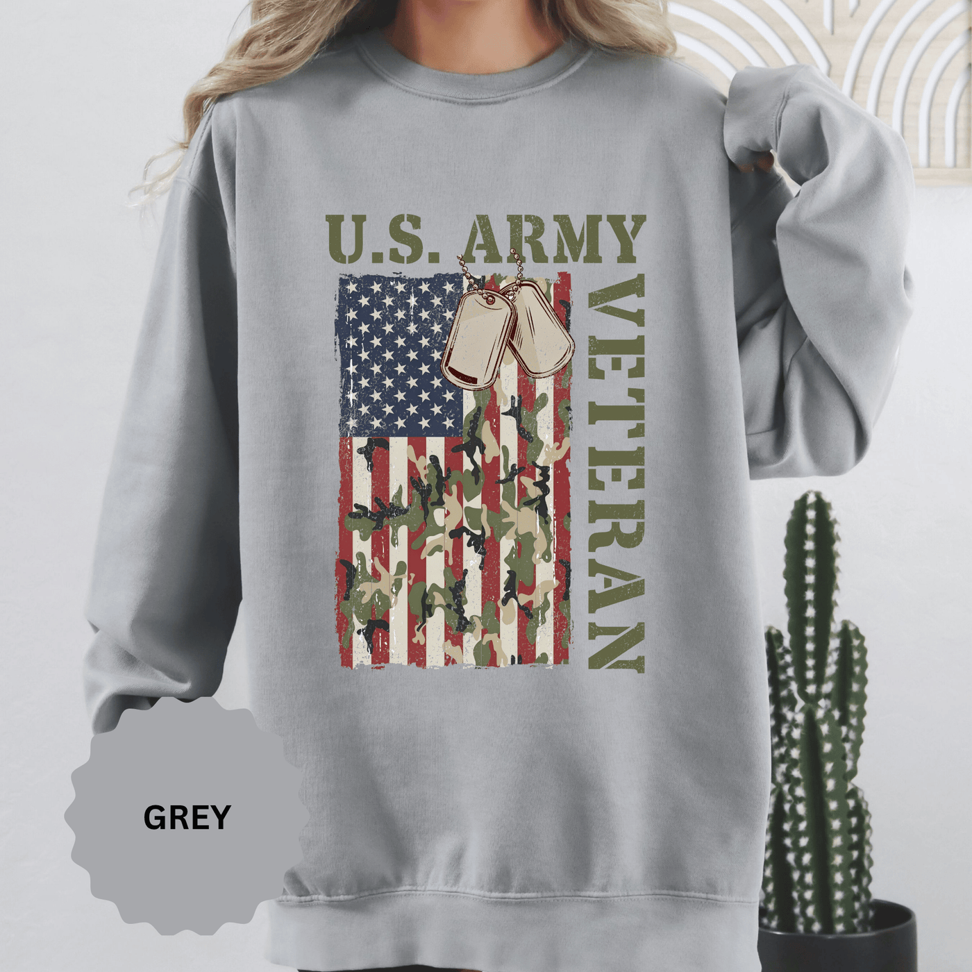 US Army Veteran Sweatshirt, American Flag Camo Crewneck, Military Dog Tag Pullover, Patriotic Soldier Gift, Retirement or Veterans Day Top