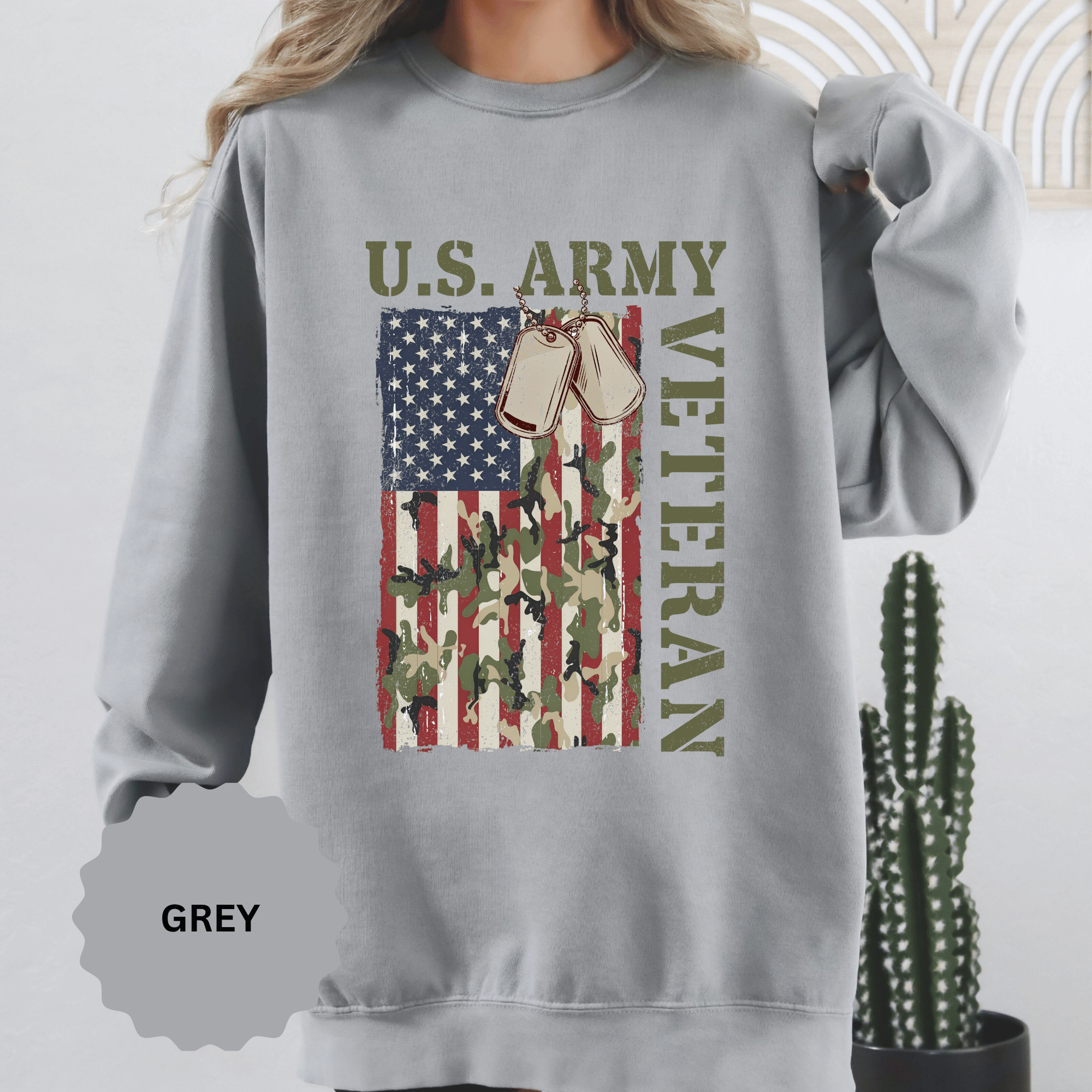 US Army Veteran Sweatshirt, American Flag Camo Crewneck, Military Dog Tag Pullover, Patriotic Soldier Gift, Retirement or Veterans Day Top