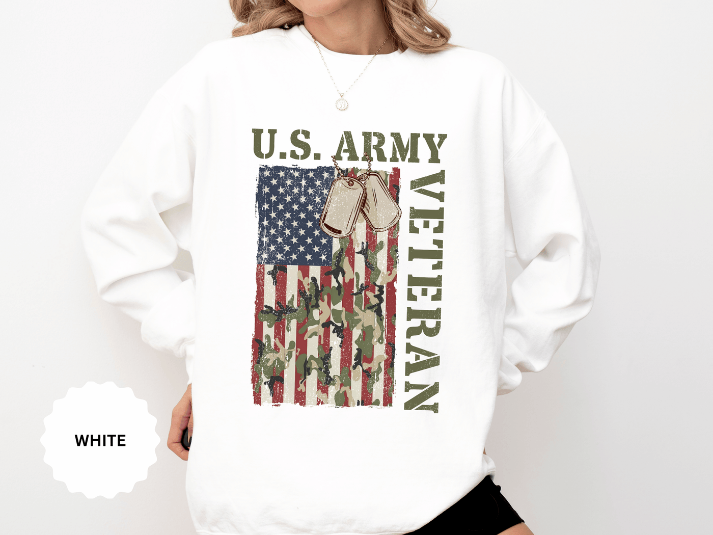 US Army Veteran Sweatshirt, American Flag Camo Crewneck, Military Dog Tag Pullover, Patriotic Soldier Gift, Retirement or Veterans Day Top