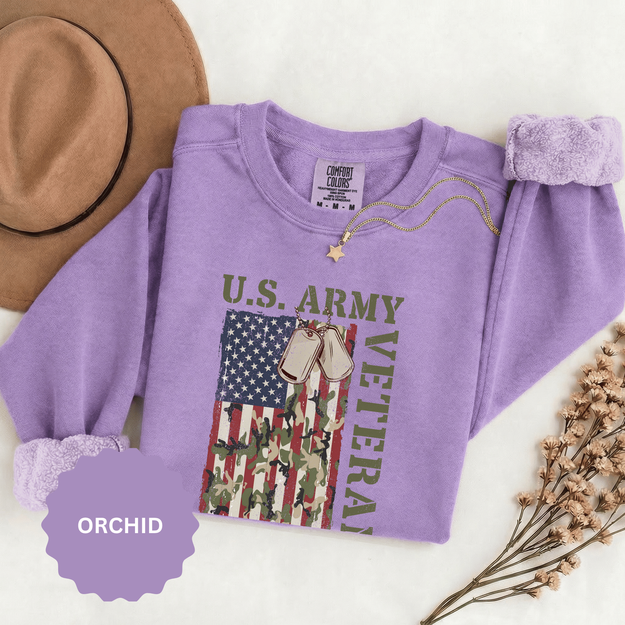 US Army Veteran Sweatshirt, American Flag Camo Crewneck, Military Dog Tag Pullover, Patriotic Soldier Gift, Retirement or Veterans Day Top