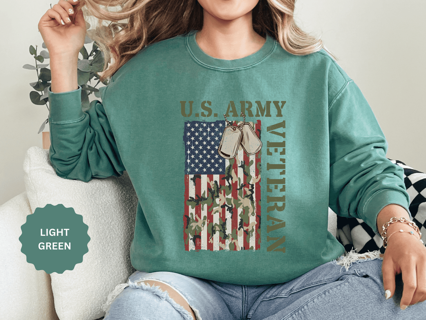 US Army Veteran Sweatshirt, American Flag Camo Crewneck, Military Dog Tag Pullover, Patriotic Soldier Gift, Retirement or Veterans Day Top