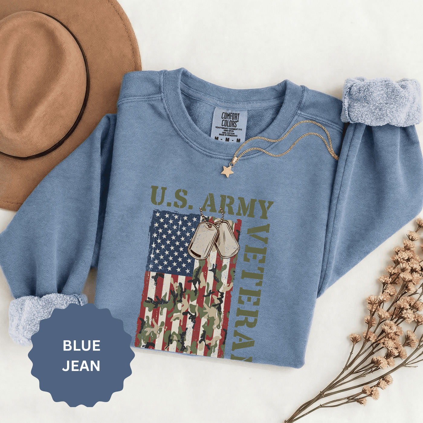 US Army Veteran Sweatshirt, American Flag Camo Crewneck, Military Dog Tag Pullover, Patriotic Soldier Gift, Retirement or Veterans Day Top