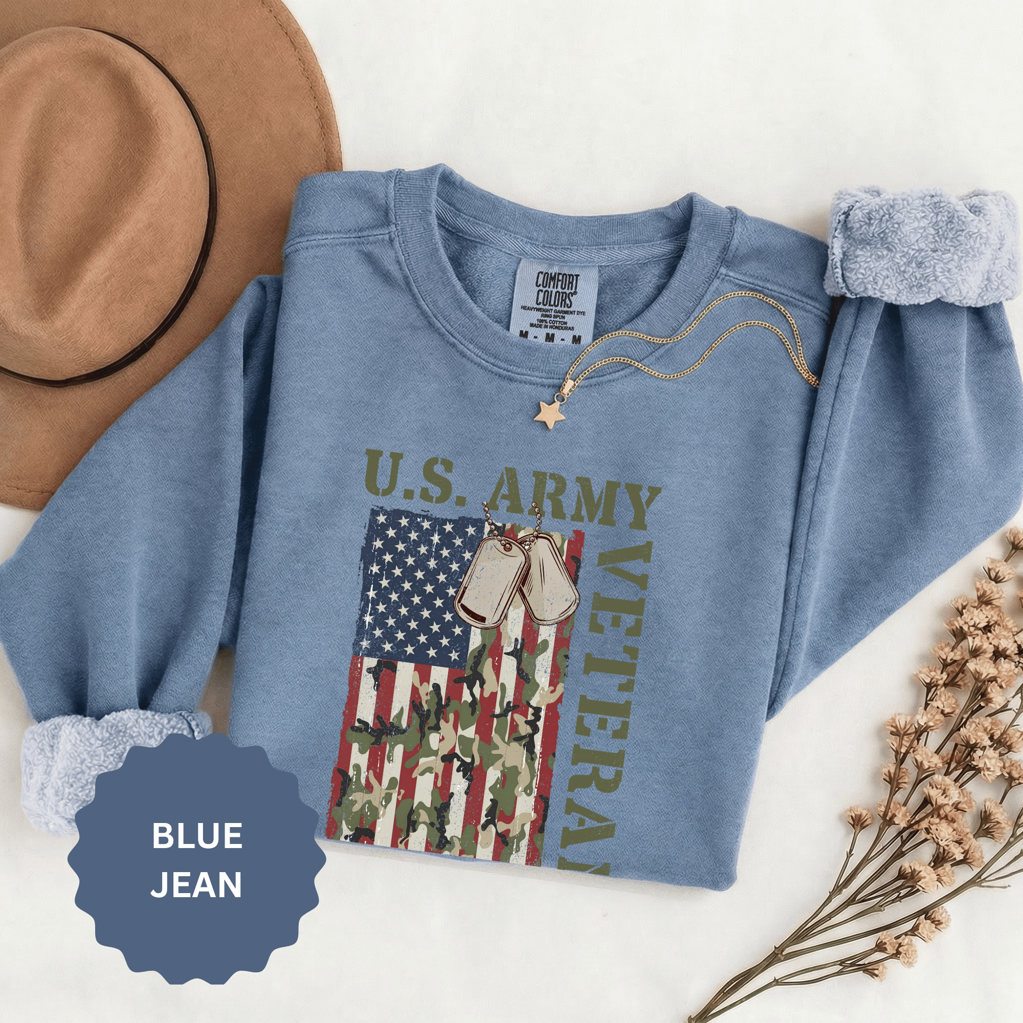 US Army Veteran Sweatshirt, American Flag Camo Crewneck, Military Dog Tag Pullover, Patriotic Soldier Gift, Retirement or Veterans Day Top