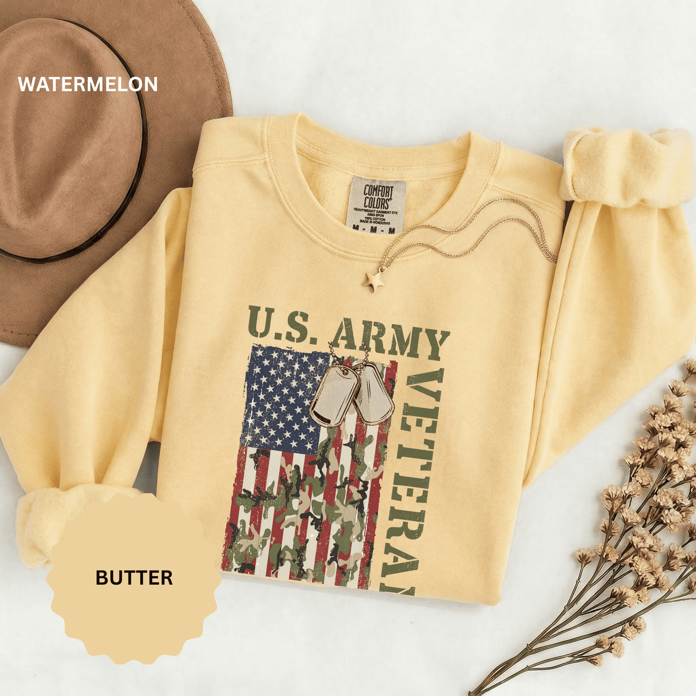 US Army Veteran Sweatshirt, American Flag Camo Crewneck, Military Dog Tag Pullover, Patriotic Soldier Gift, Retirement or Veterans Day Top