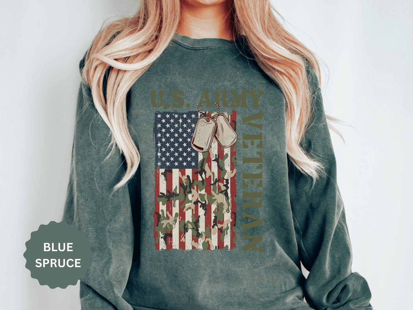 US Army Veteran Sweatshirt, American Flag Camo Crewneck, Military Dog Tag Pullover, Patriotic Soldier Gift, Retirement or Veterans Day Top
