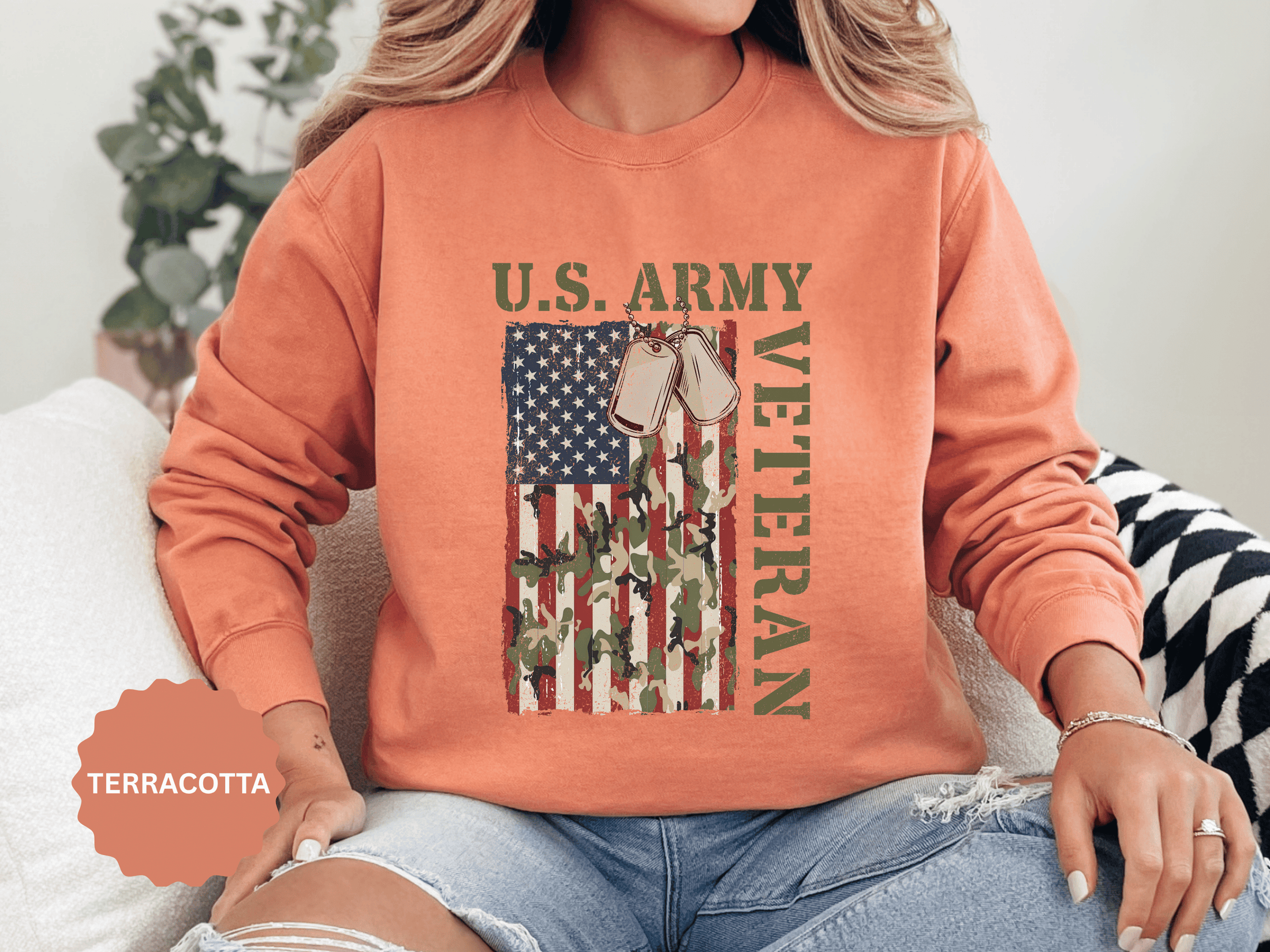 US Army Veteran Sweatshirt, American Flag Camo Crewneck, Military Dog Tag Pullover, Patriotic Soldier Gift, Retirement or Veterans Day Top