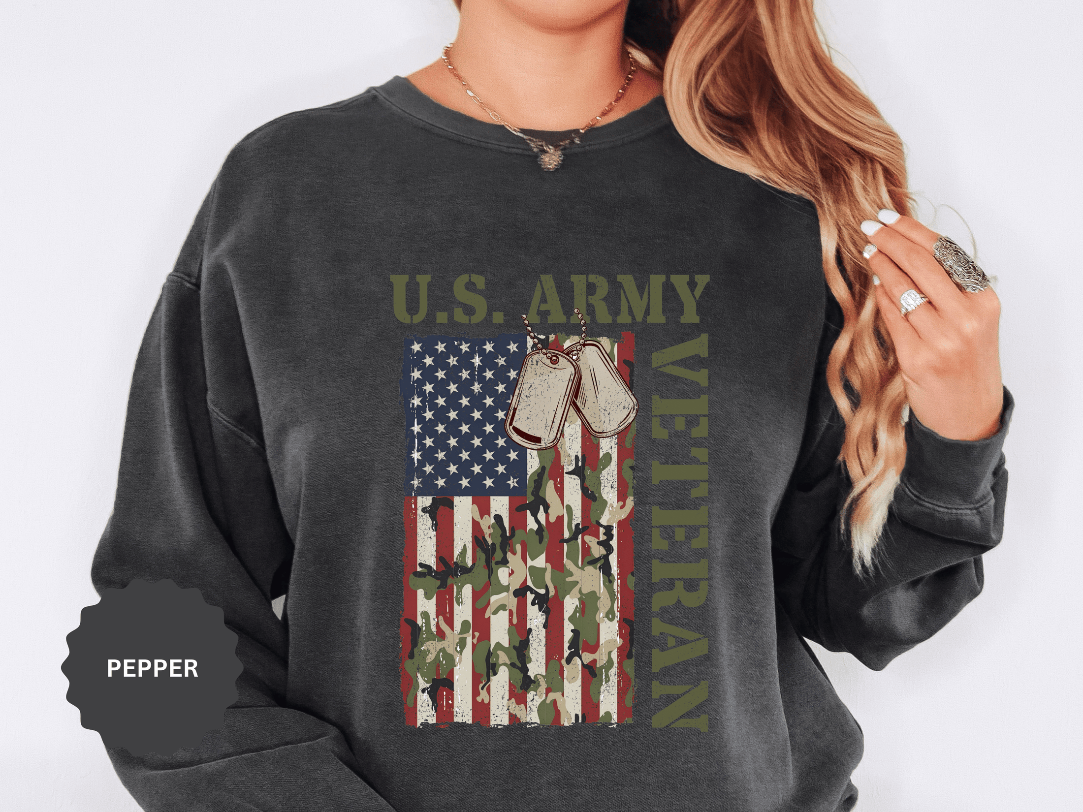 US Army Veteran Sweatshirt, American Flag Camo Crewneck, Military Dog Tag Pullover, Patriotic Soldier Gift, Retirement or Veterans Day Top