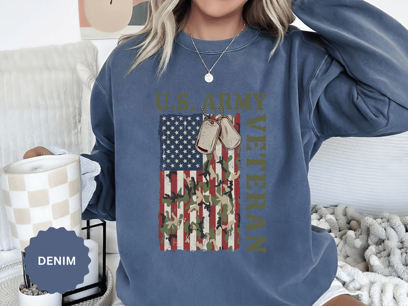 US Army Veteran Sweatshirt, American Flag Camo Crewneck, Military Dog Tag Pullover, Patriotic Soldier Gift, Retirement or Veterans Day Top