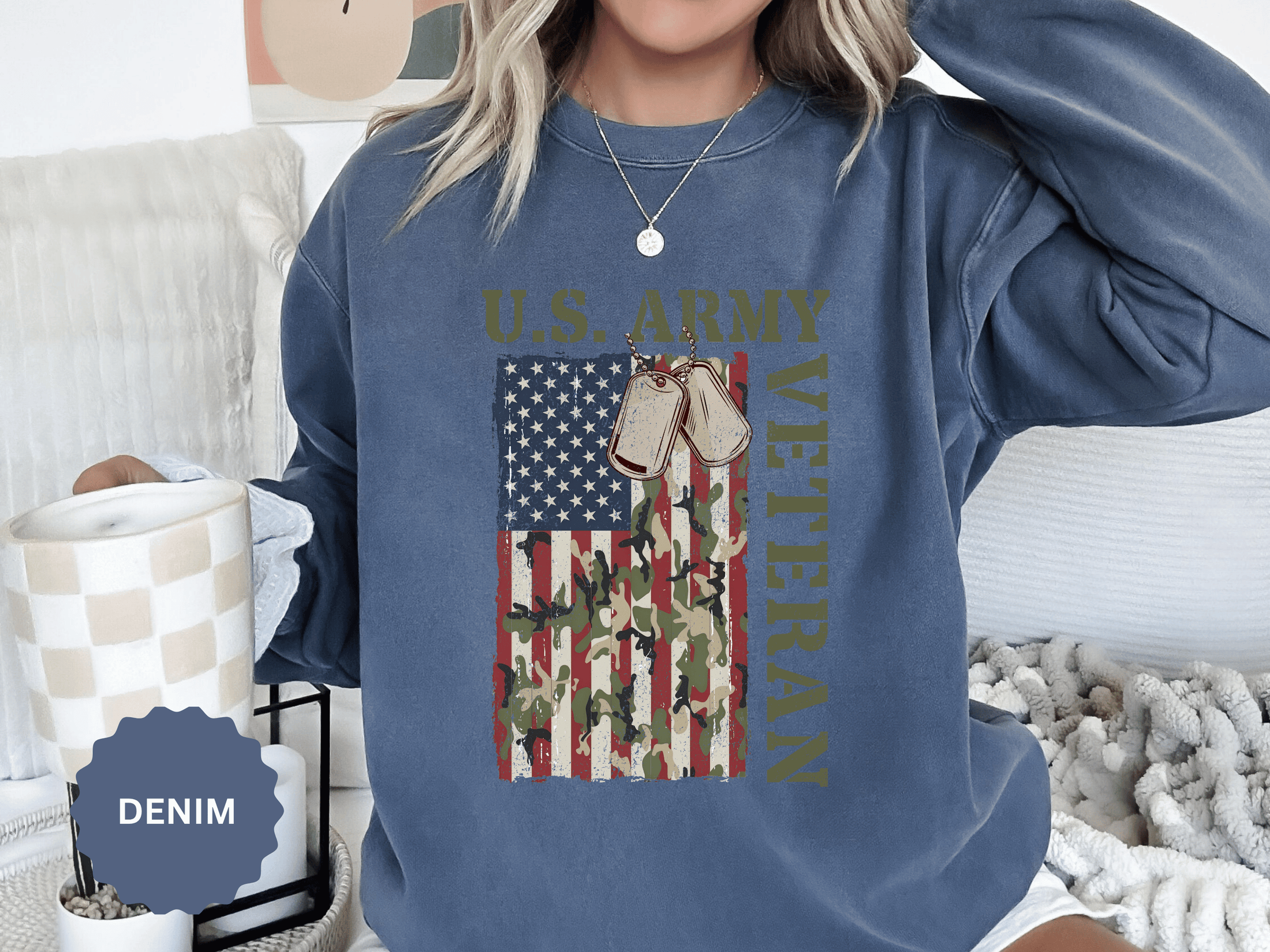 US Army Veteran Sweatshirt, American Flag Camo Crewneck, Military Dog Tag Pullover, Patriotic Soldier Gift, Retirement or Veterans Day Top