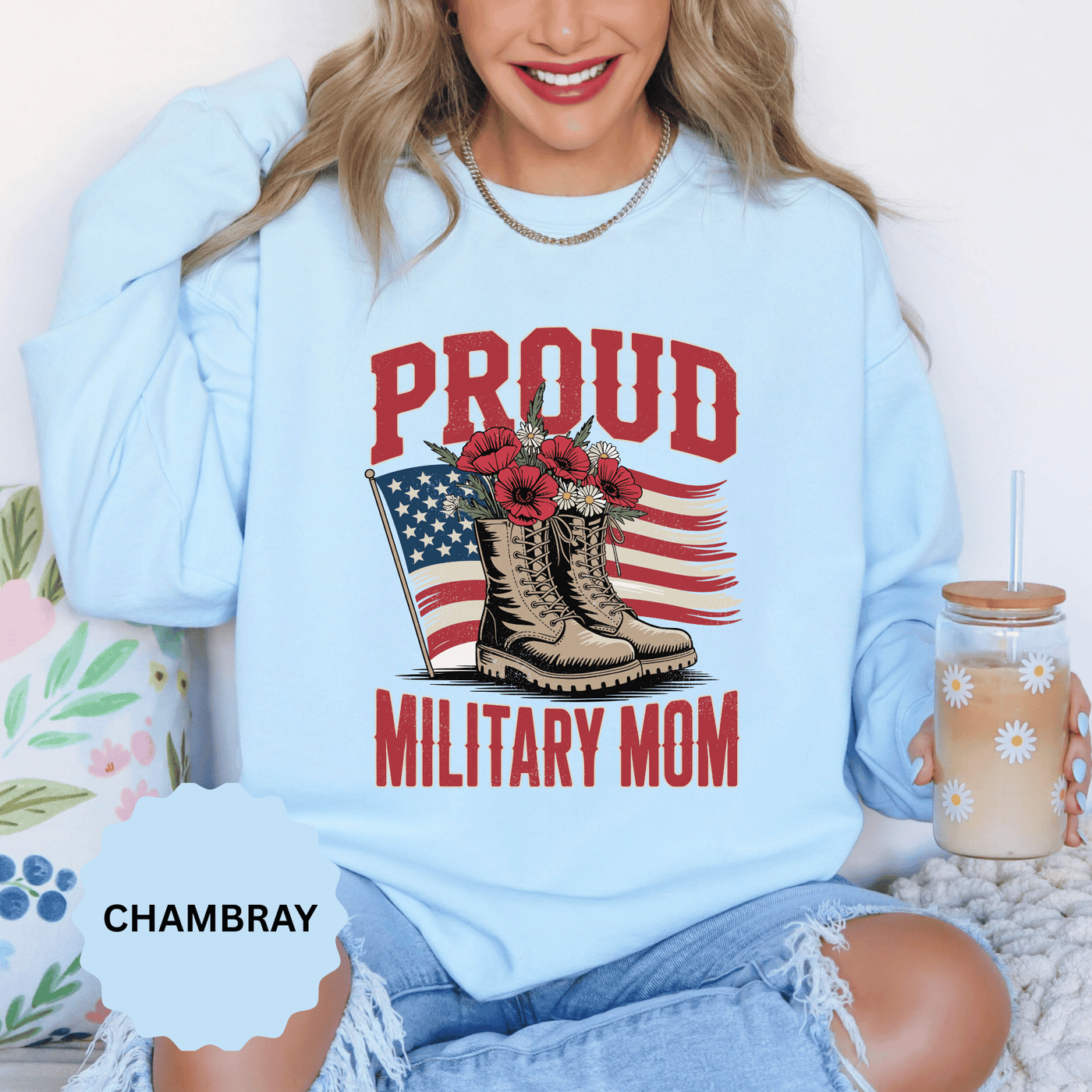 Proud Military Mom Sweatshirt, Patriotic Army Mom Pullover, Gift for Military Mother, Deployment Homecoming Crewneck, Flag Floral Top