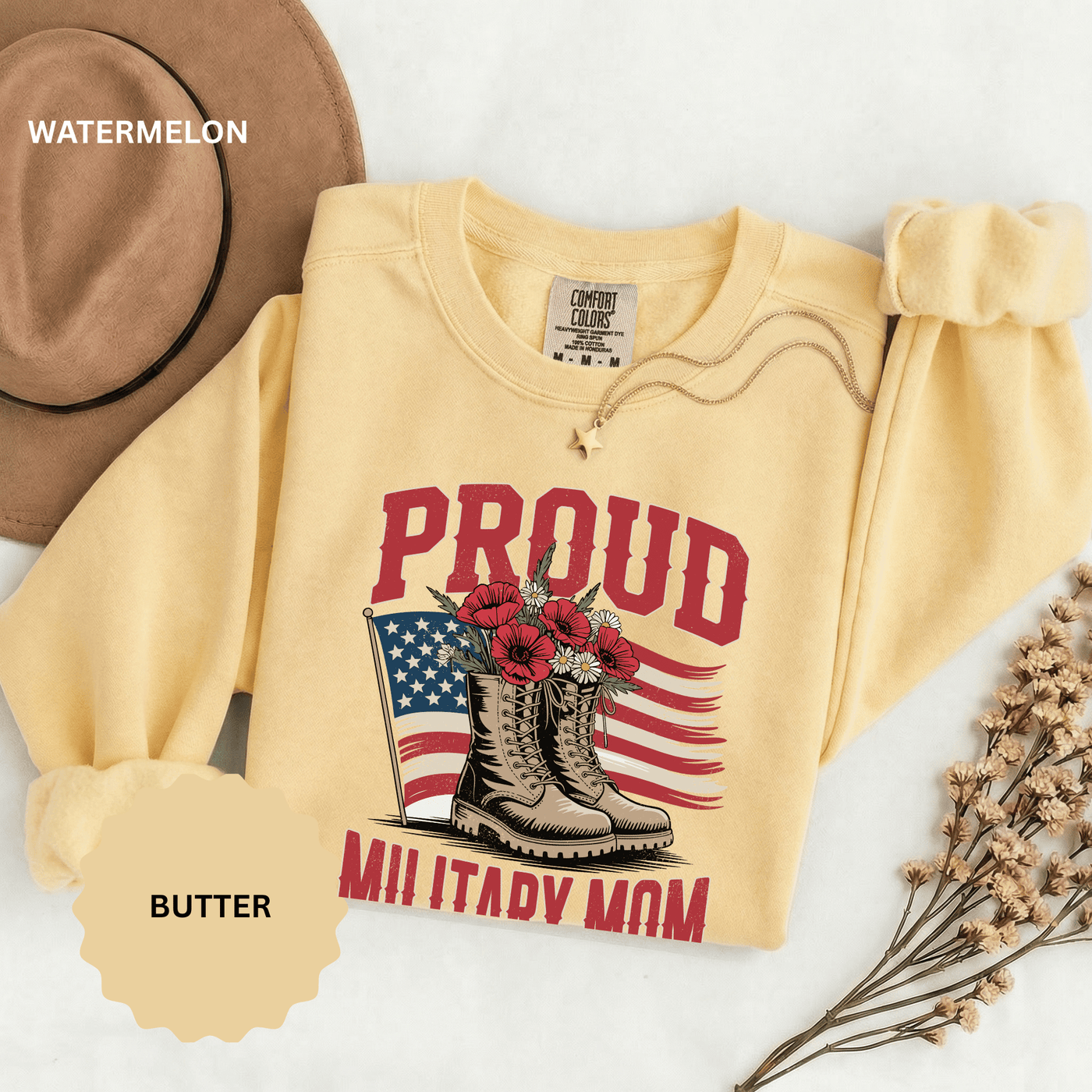 Proud Military Mom Sweatshirt, Patriotic Army Mom Pullover, Gift for Military Mother, Deployment Homecoming Crewneck, Flag Floral Top