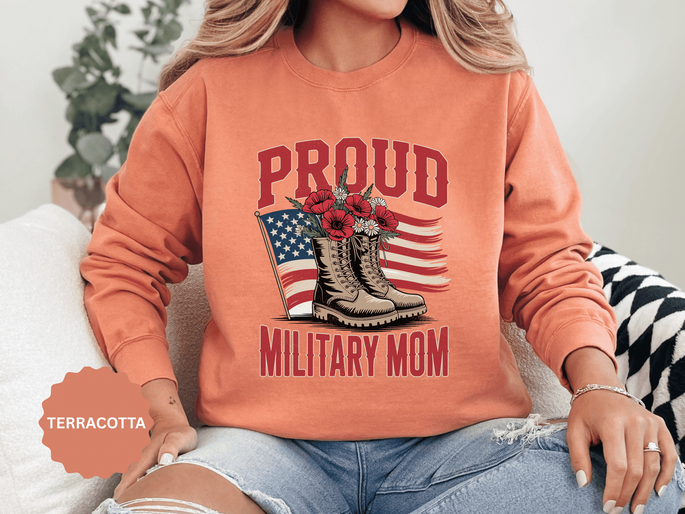 Proud Military Mom Sweatshirt, Patriotic Army Mom Pullover, Gift for Military Mother, Deployment Homecoming Crewneck, Flag Floral Top