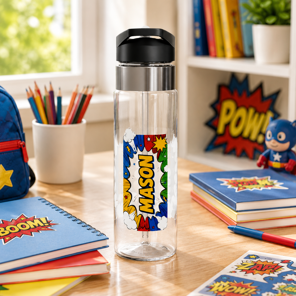 Personalized Transparent Water Bottle, Comic Book Drink Bottle, Pop Art School Water Bottle, Bold Kids Drinkware, Back to School Gift