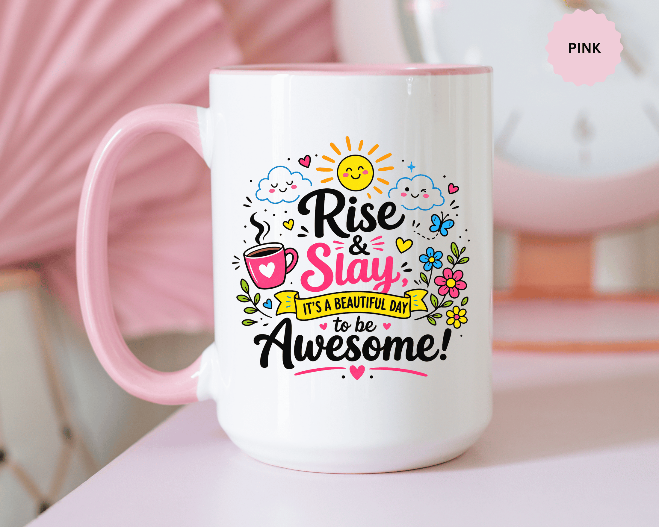 Rise and Slay Motivational Mug, Positive Quote Coffee Cup, Inspirational Gift for Her, Coworker Encouragement, Morning Routine Drinkware