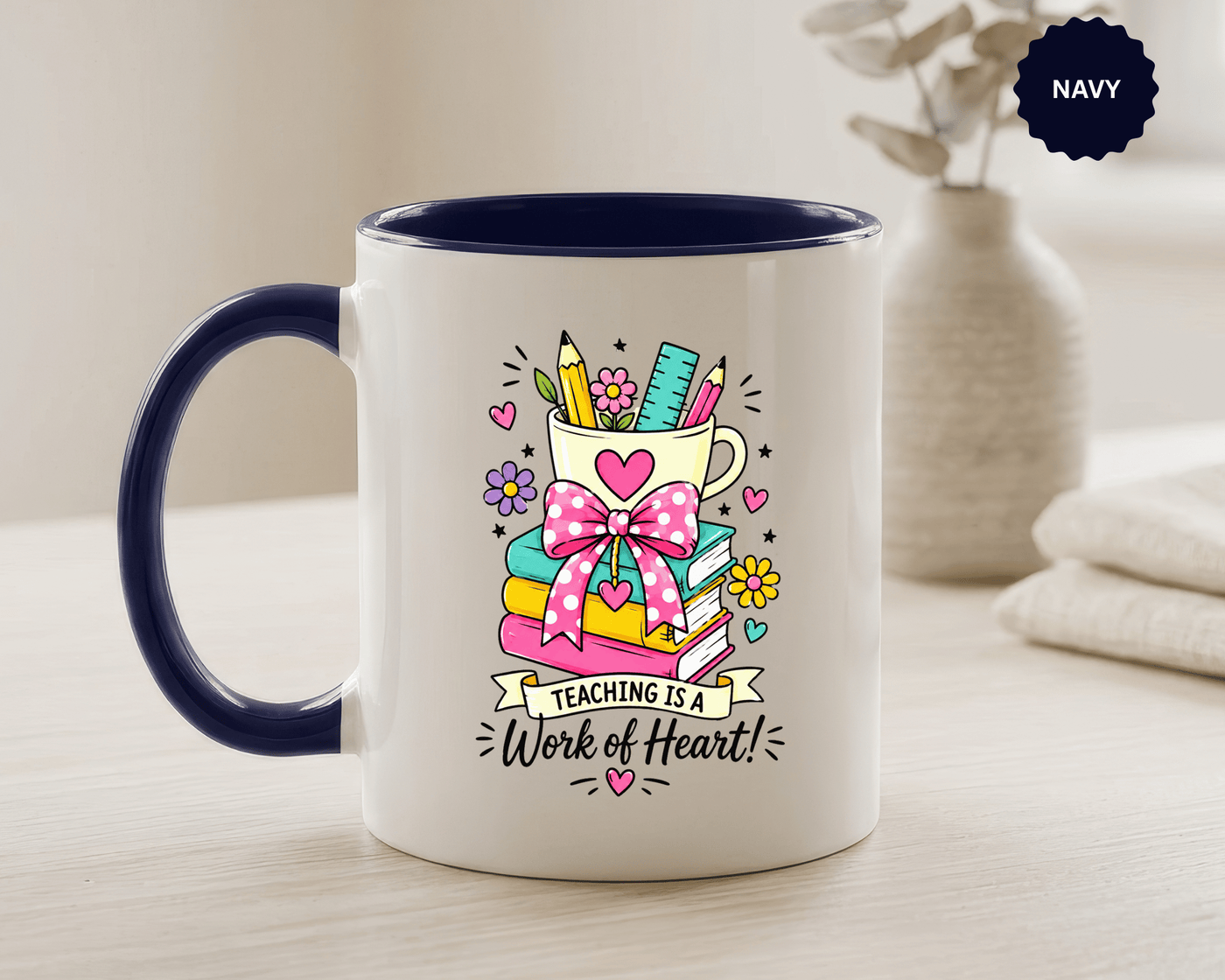 Teaching Is a Work of Heart Mug, Teacher Appreciation Coffee Cup, Thank You Gift for Educator, End of Year Classroom Keepsake for Her