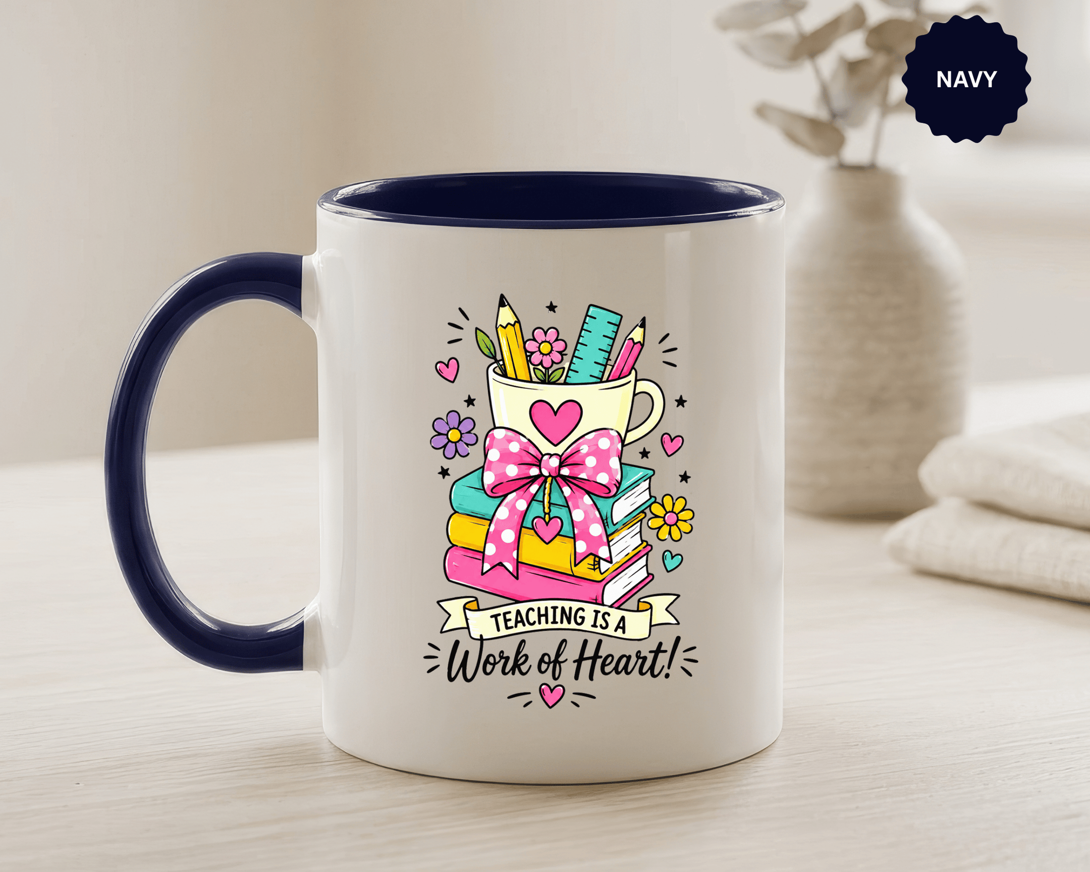 Teaching Is a Work of Heart Mug, Teacher Appreciation Coffee Cup, Thank You Gift for Educator, End of Year Classroom Keepsake for Her