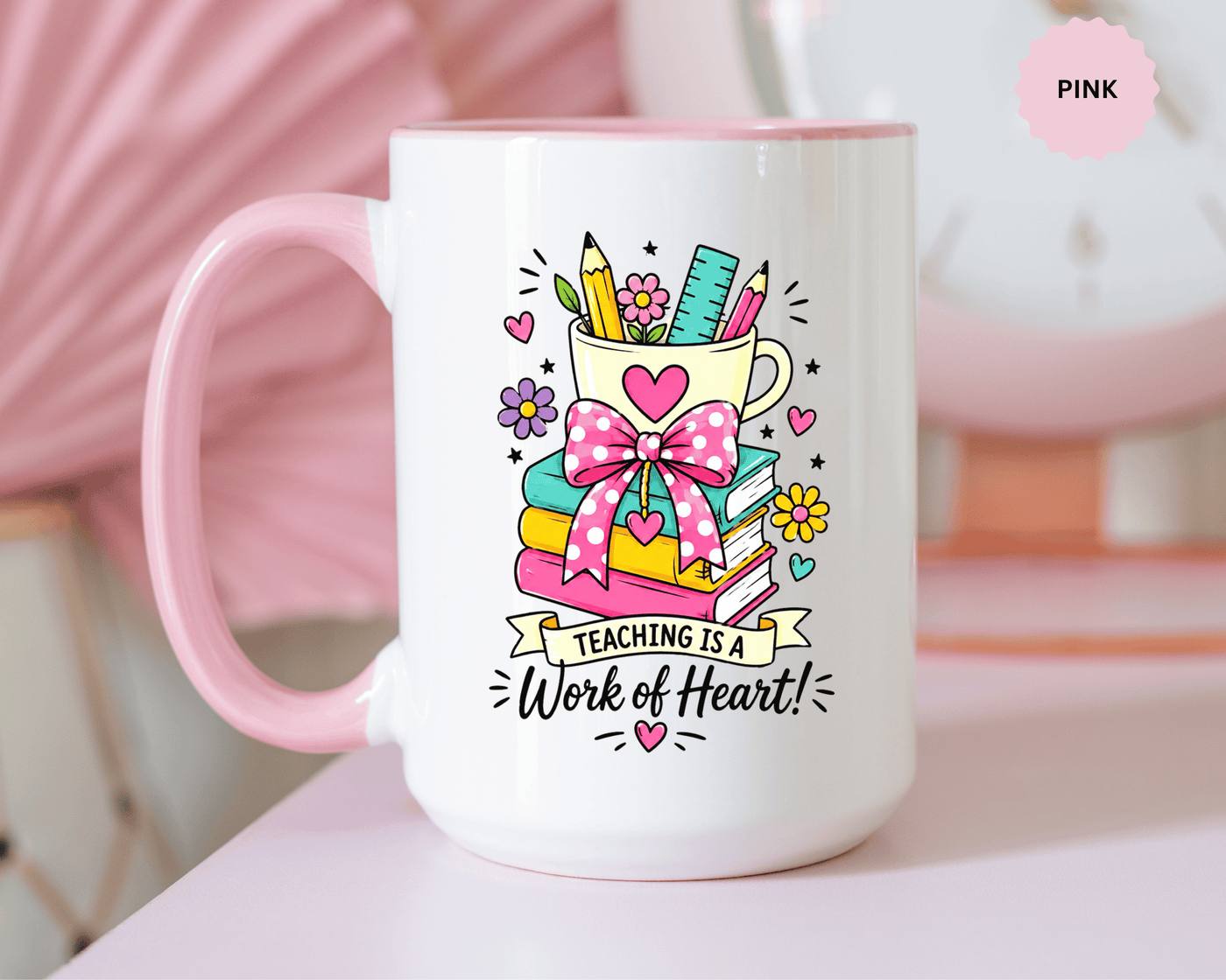 Teaching Is a Work of Heart Mug, Teacher Appreciation Coffee Cup, Thank You Gift for Educator, End of Year Classroom Keepsake for Her