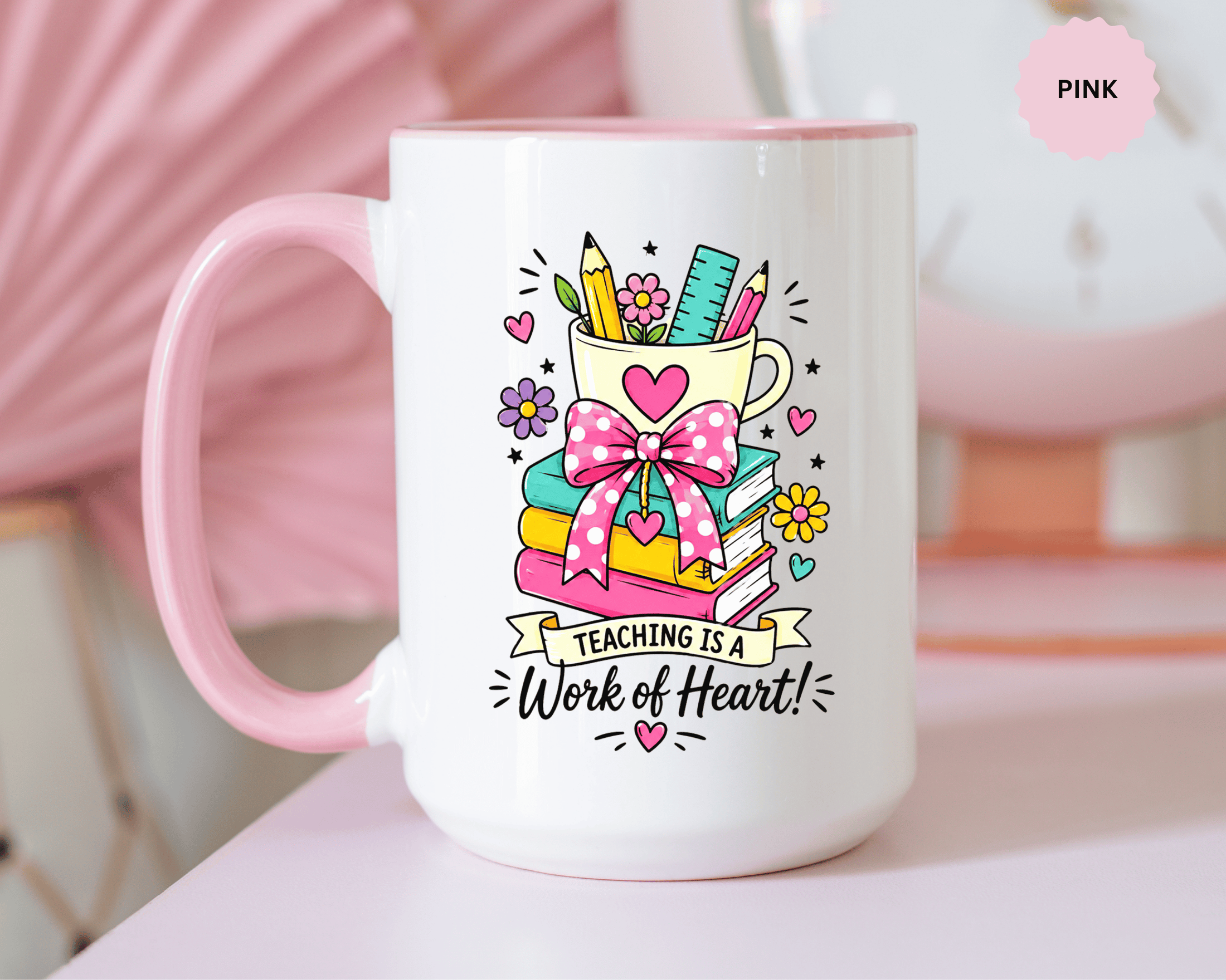 Teaching Is a Work of Heart Mug, Teacher Appreciation Coffee Cup, Thank You Gift for Educator, End of Year Classroom Keepsake for Her