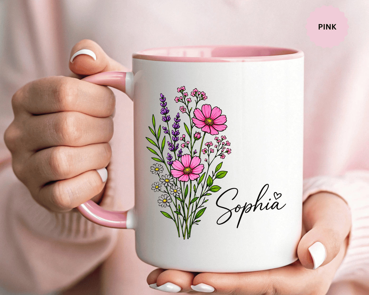 Personalized Floral Name Mug, Custom Wildflower Coffee Cup for Her, Birthday Gift for Women, Botanical Friend or Coworker Keepsake