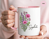Personalized Floral Name Mug, Custom Wildflower Coffee Cup for Her, Birthday Gift for Women, Botanical Friend or Coworker Keepsake