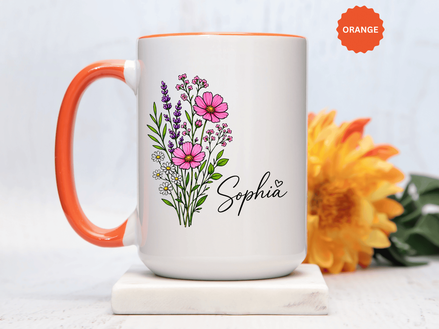 Personalized Floral Name Mug, Custom Wildflower Coffee Cup for Her, Birthday Gift for Women, Botanical Friend or Coworker Keepsake