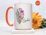 Personalized Floral Name Mug, Custom Wildflower Coffee Cup for Her, Birthday Gift for Women, Botanical Friend or Coworker Keepsake