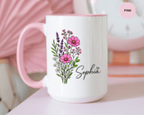 Personalized Floral Name Mug, Custom Wildflower Coffee Cup for Her, Birthday Gift for Women, Botanical Friend or Coworker Keepsake