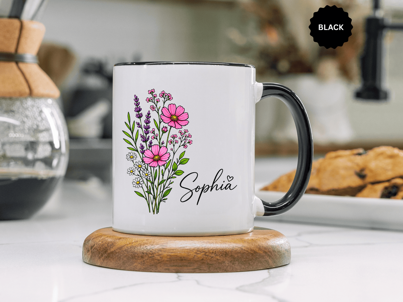 Personalized Floral Name Mug, Custom Wildflower Coffee Cup for Her, Birthday Gift for Women, Botanical Friend or Coworker Keepsake