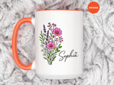 Personalized Floral Name Mug, Custom Wildflower Coffee Cup for Her, Birthday Gift for Women, Botanical Friend or Coworker Keepsake