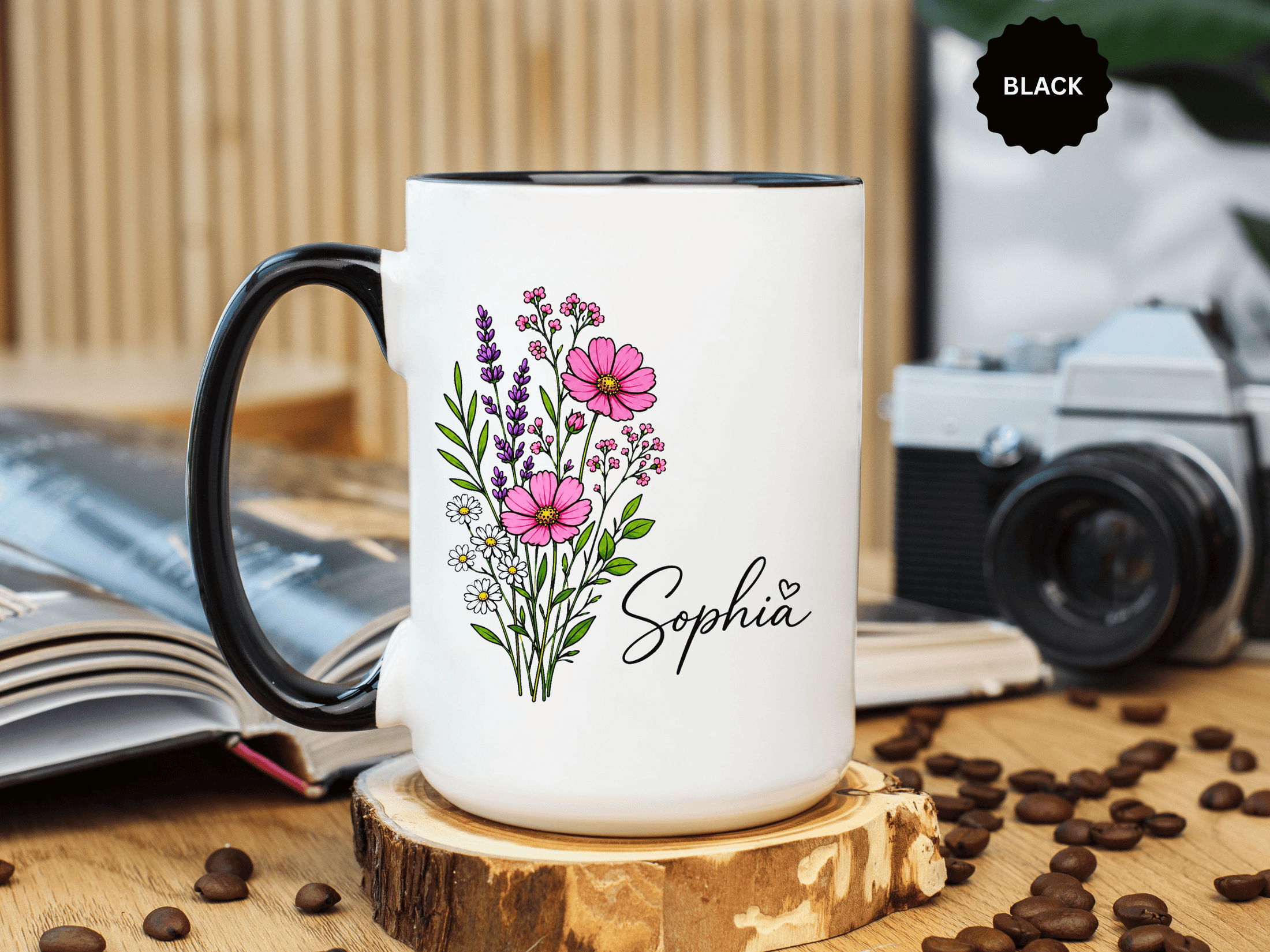 Personalized Floral Name Mug, Custom Wildflower Coffee Cup for Her, Birthday Gift for Women, Botanical Friend or Coworker Keepsake