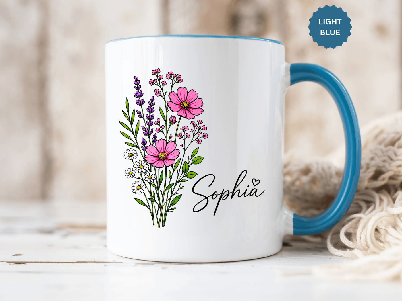 Personalized Floral Name Mug, Custom Wildflower Coffee Cup for Her, Birthday Gift for Women, Botanical Friend or Coworker Keepsake