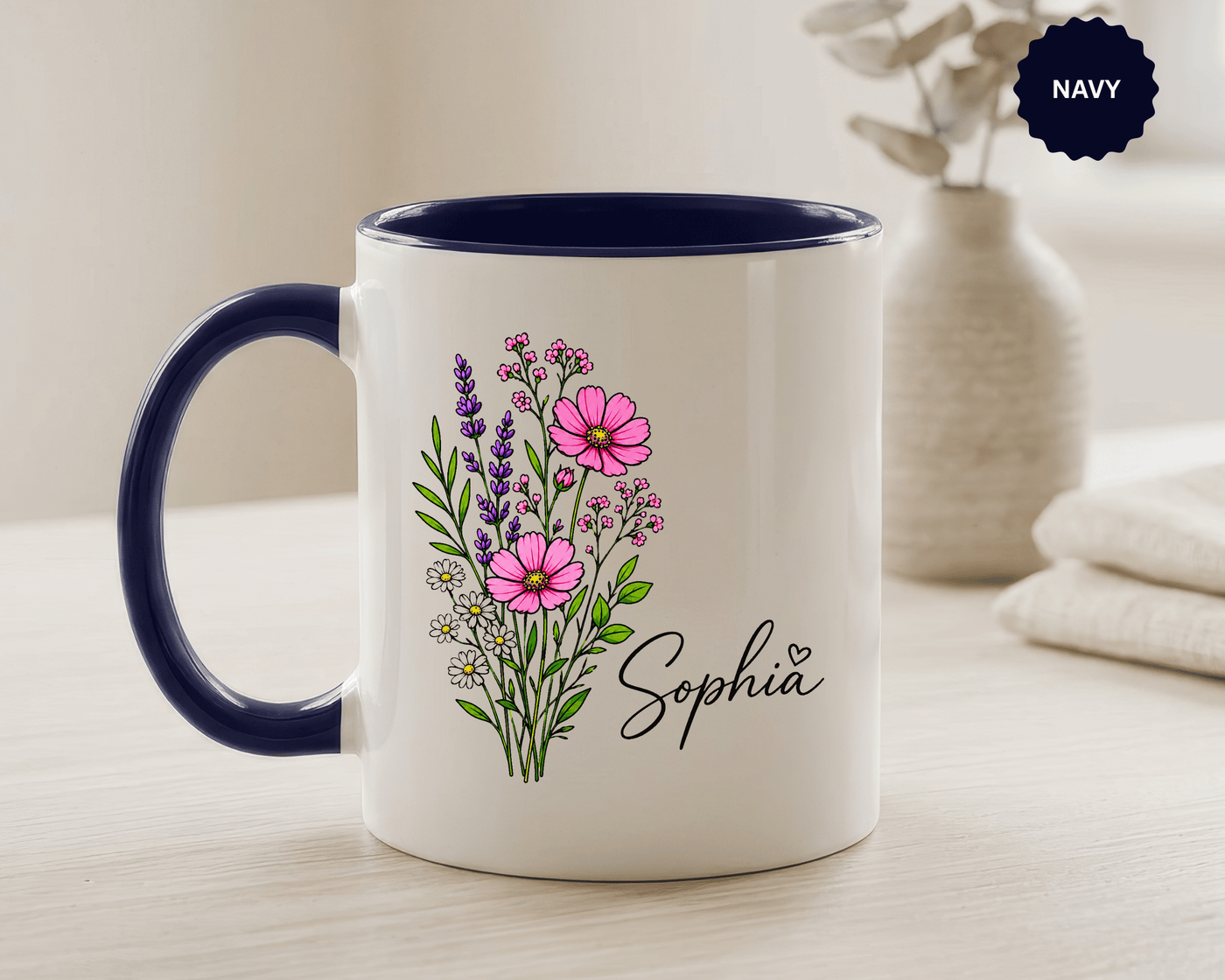Personalized Floral Name Mug, Custom Wildflower Coffee Cup for Her, Birthday Gift for Women, Botanical Friend or Coworker Keepsake