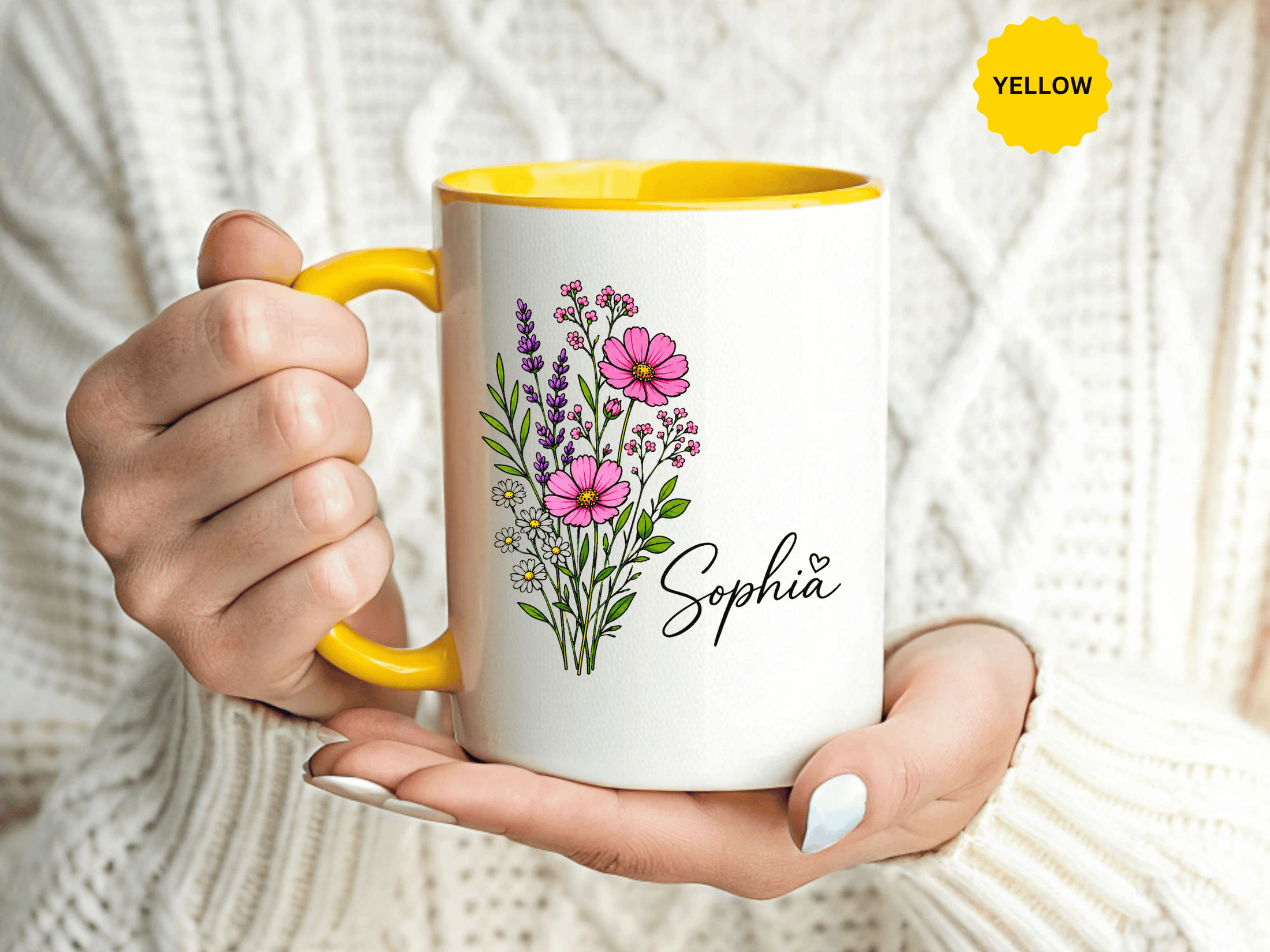 Personalized Floral Name Mug, Custom Wildflower Coffee Cup for Her, Birthday Gift for Women, Botanical Friend or Coworker Keepsake