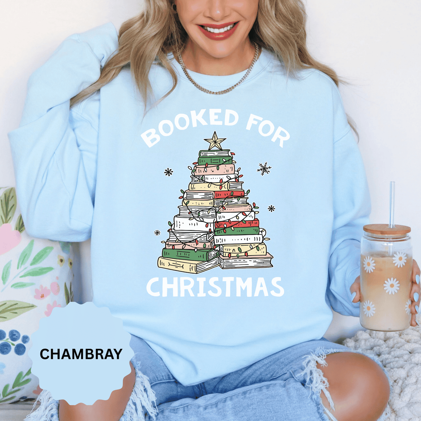 Booked for Christmas Sweatshirt, Book Lover Holiday Crewneck, Christmas Tree Books Pullover, Cozy Reading Gift for Librarian or Bookworm