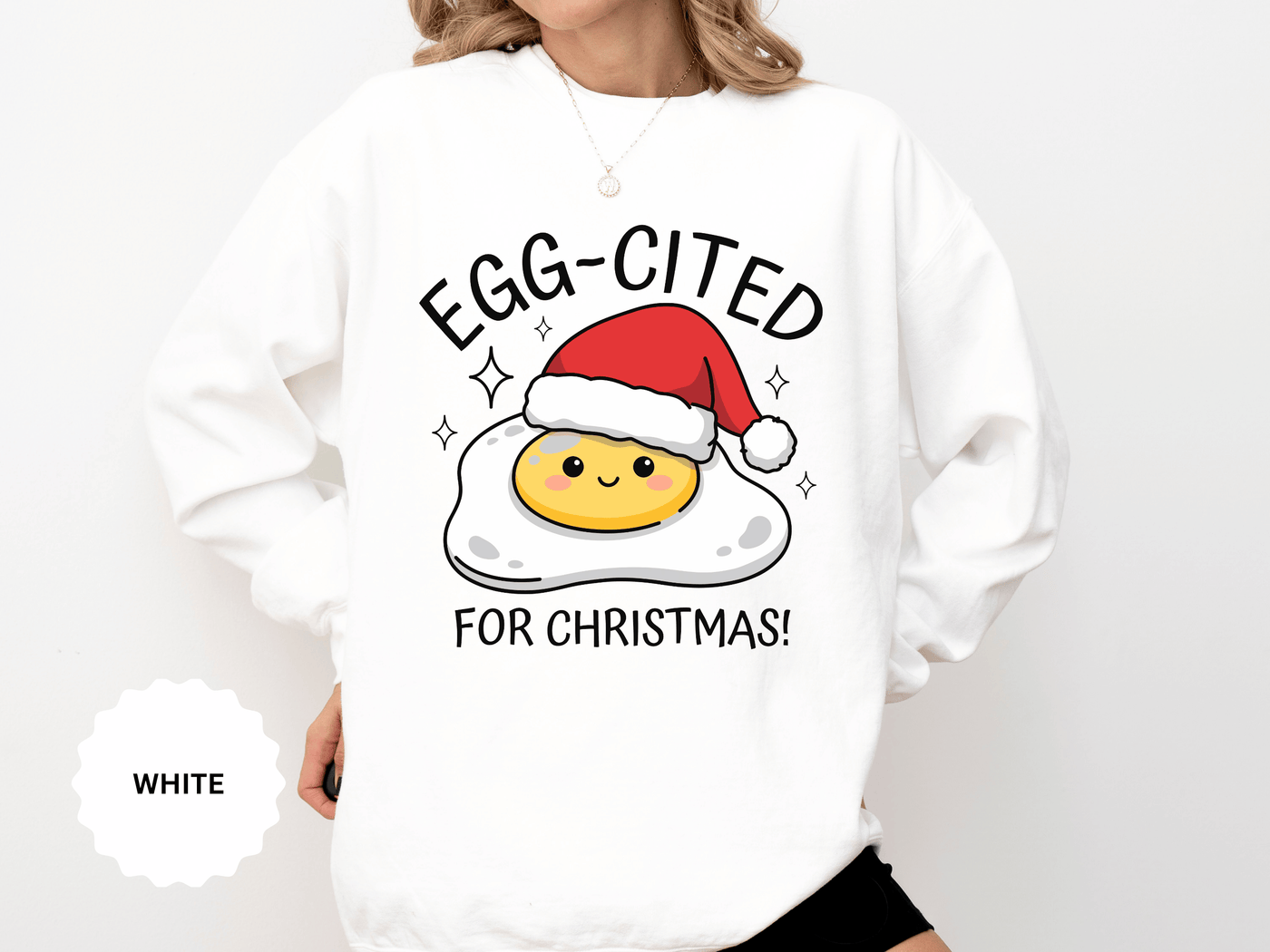 Egg-Cited for Christmas Sweatshirt, Funny Fried Egg Crewneck, Cute Food Pun Holiday Pullover, Christmas Breakfast Gift for Brunch Lover