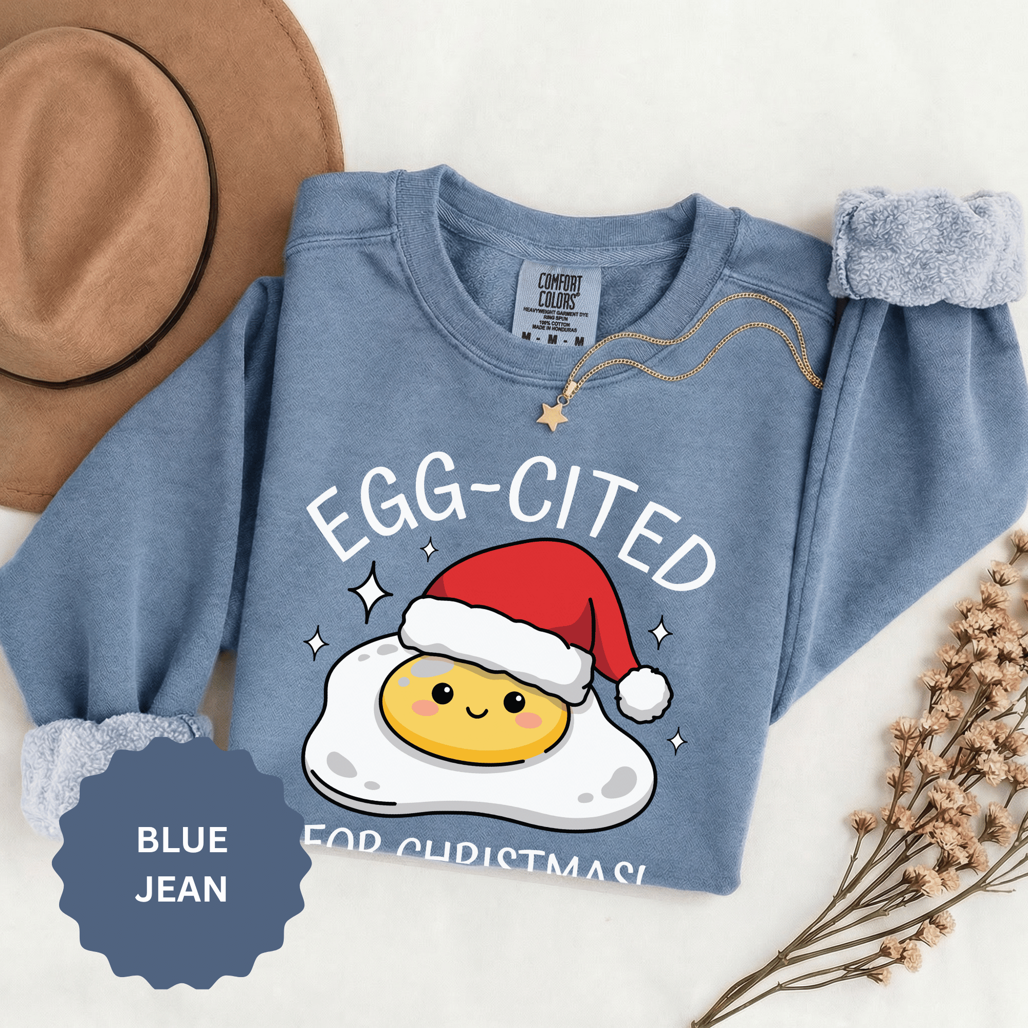 Egg-Cited for Christmas Sweatshirt, Funny Fried Egg Crewneck, Cute Food Pun Holiday Pullover, Christmas Breakfast Gift for Brunch Lover