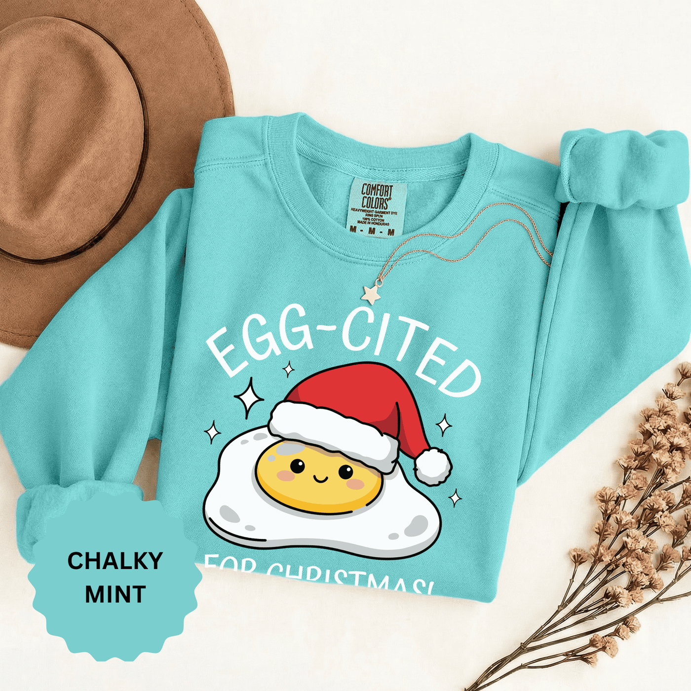 Egg-Cited for Christmas Sweatshirt, Funny Fried Egg Crewneck, Cute Food Pun Holiday Pullover, Christmas Breakfast Gift for Brunch Lover